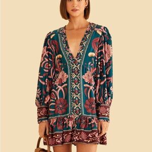 Farm Rio Floral V-Neck Long Sleeve Dress